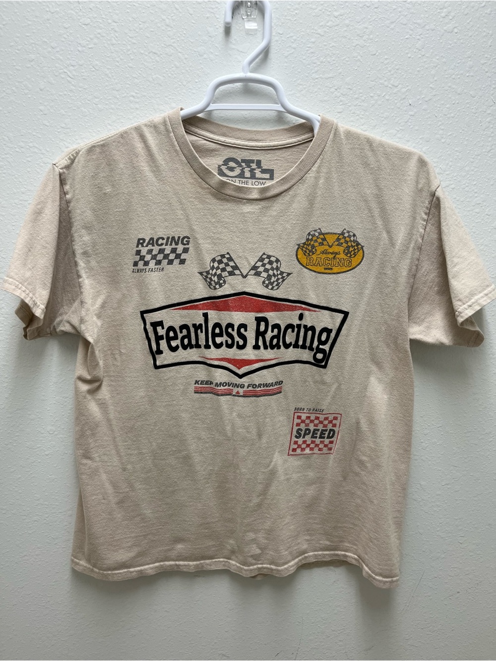 OTL Fearless Racing Graphic Logo Beige Men's Crew Neck Short Sleeve T-Shirt L
